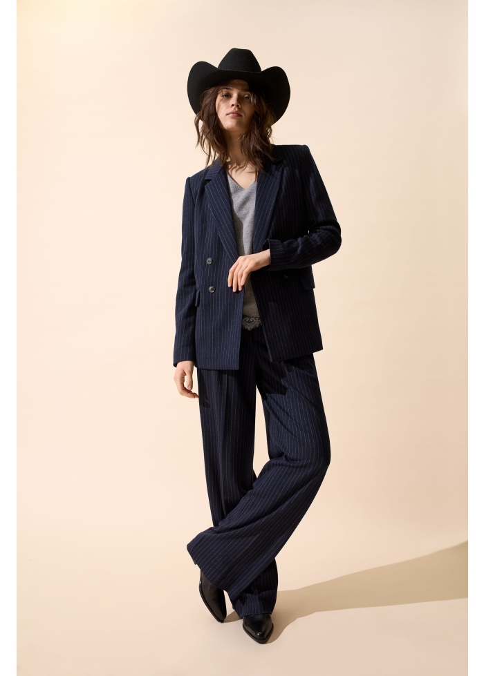 Oui | Pinstripe Navy Trousers